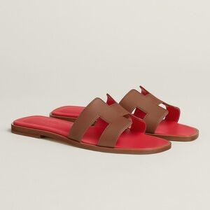 Hermes Oran Sandal - Tan Leather Slide Sandals with Red Insole